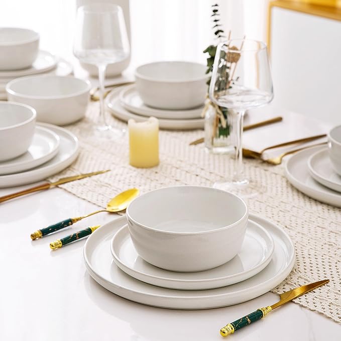 AmorArc Stoneware Dinnerware Sets,Round Reactive Ceramic Plates and Bowls Set,Highly Scrath Resistant | Dishwasher & Microwave Safe Dishes Set,Service for 4 (12pc)-White