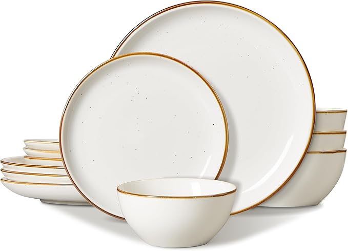 ONEMORE Plates and Bowls Set, Dinnerware Sets for 4, Porcelain Kitchen Dishes Set 12pcs, Scratch Resistant, Modern Aesthetic Dishware Sets- Microwave & Dishwasher Oven Safe,Farmhouse Style Cream White