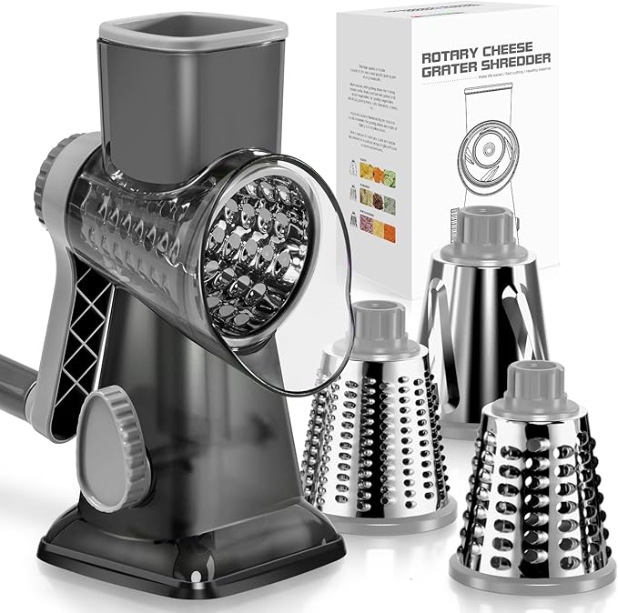 Cheese Grater Hand Crank Rotating Cheese Shredder Stainless Steel Vegetable Slicer Grater for Kitchen 3 Blades for Cheese, Carrot, Cucumber, Nuts, Chocolate, Dark Grey