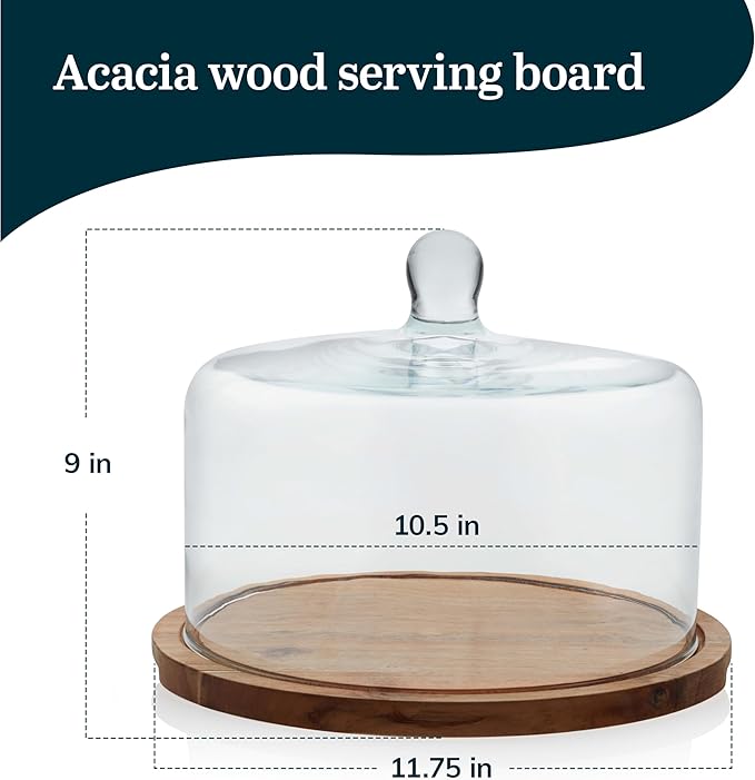 Libbey Acacia Wood Cake Stand with Dome Lid, Ball Top Handle Cake Holder with Lid, Covered Cake Stand, Durable Glass Dome Cover