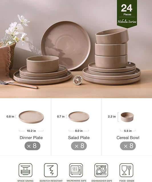 Famiware Nebula Plates and Bowls Sets, 24 Pieces Dinnerware Sets, Dishes Set for 8, Cinnamon Brown