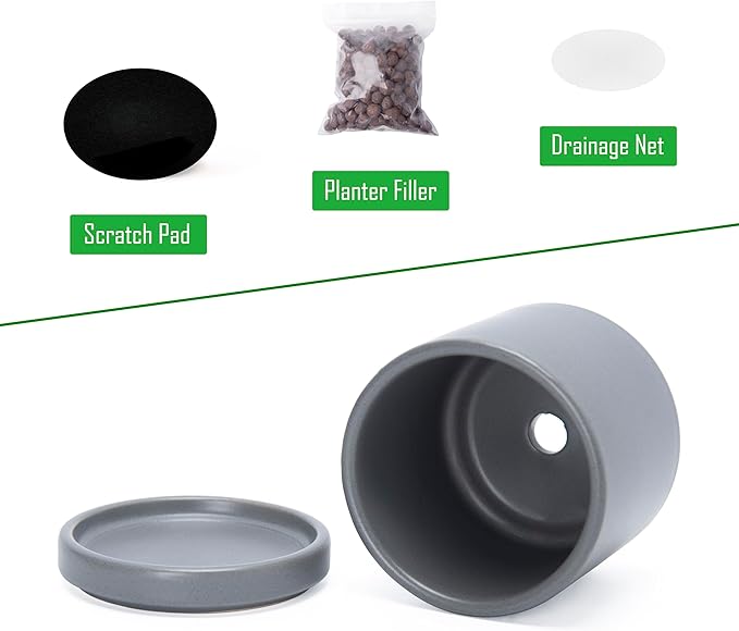 D'vine Dev Set of 4 Small Ceramic Plant Pots, 3.5 Inch Succulent Planter Pot for Plants with Drainage Hole and Saucer, Grey, 94-X-A-3