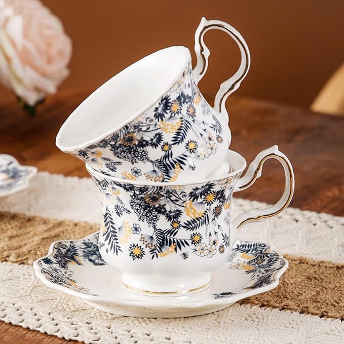 Elegant Retro Ceramic Tea Cups and Saucers Ceramic Coffee Mugs Tea Party Sets 8.45oz/260ml Colorful Flowers