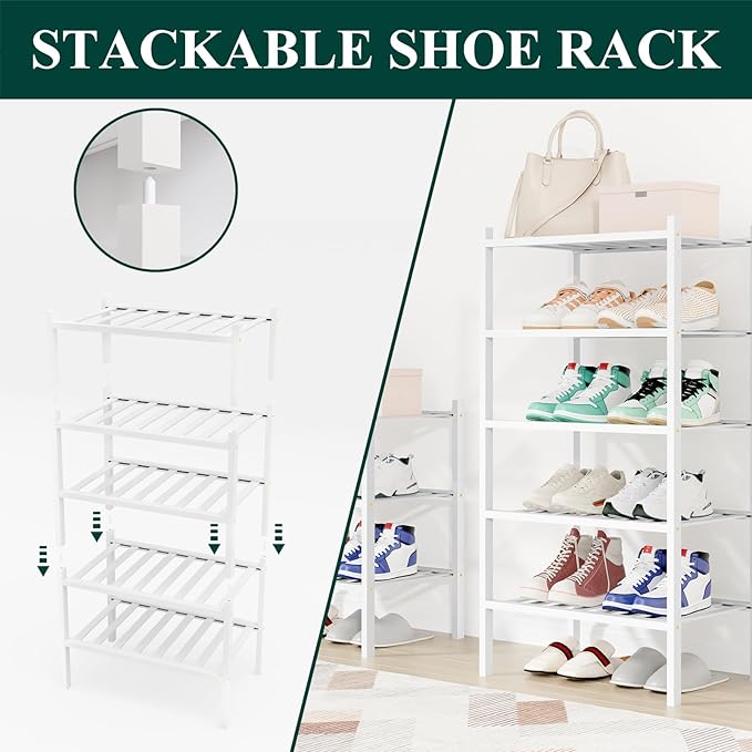 Smiry Shoe Rack, 6 Tier Small Bamboo Shoe Organizer, Stackable Free Standing Wooden Shoe Storage Shelf for Closet, Entryway, Front Door Entrance, White