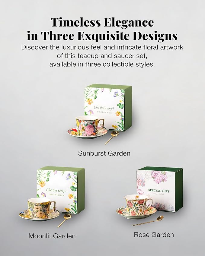 Exquisite Bone China Tea Cups and Saucer Set – Elegant Porcelain Tea Cups, Beautifully Detailed for Tea Lovers, Gift-Ready for Christmas, Hostess, Holiday Gift & Fall Decor