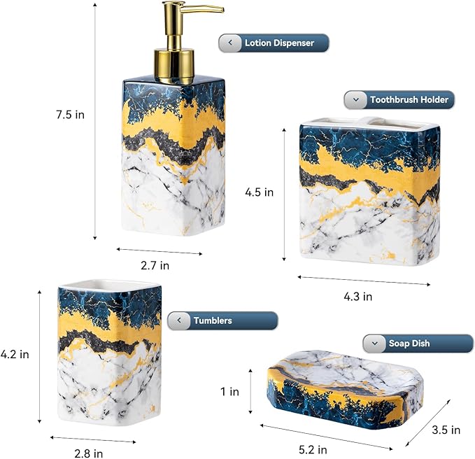 4 Piece Bathroom Accessories Set - Blue Bathroom Accessory Sets Includes Lotion Dispenser, Toothbrush Holder Tumbler, and Soap Dish - Glossy Finish (Marble, Blue)