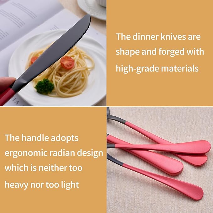 20-Piece Black Silverware Set 18/0 Stainless Steel Silverware Set Pink Handle Cutlery Set Service for 4 Dinner Knives Forks Spoons Set Flatware Set Finish Dishwasher Safe(Black and Pink)