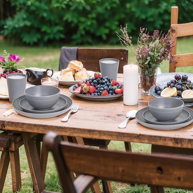 LIYH 16 Pcs Grey Wheat Straw Dinnerware Sets Unbreakable Dinnerware Sets for 4 Plates and Bowls Set Plastic Plates Reusable Straw Tableware Dish Set for 4 Include Plate Bowl Cup