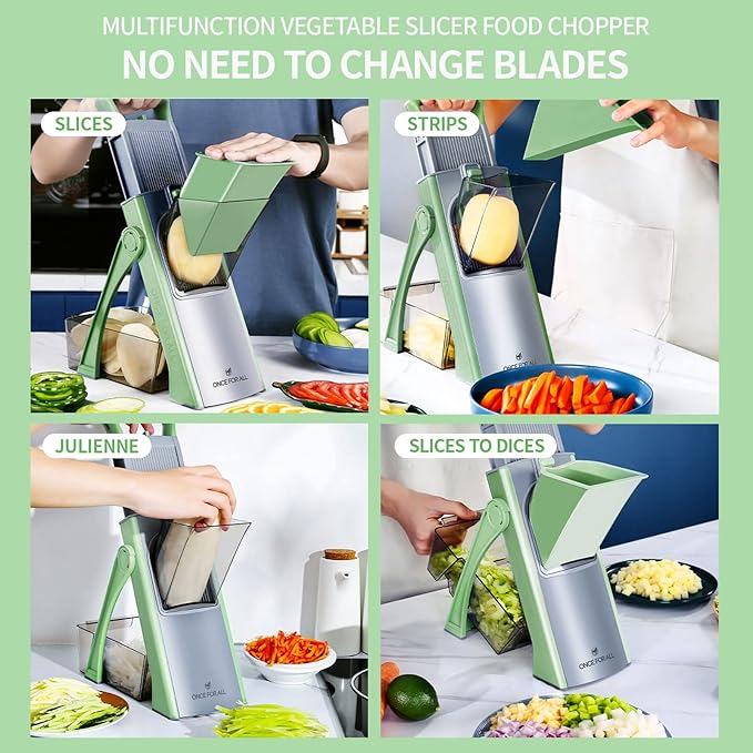 ONCE FOR ALL Upgrade Safe Mandoline Slicer Plus, Adjustable Vegetable Food Chopper Potato Fries French Fry Cutter, Detachable Blade, Kitchen Chopping Artifact, New Kitchen Gift JS03 Green