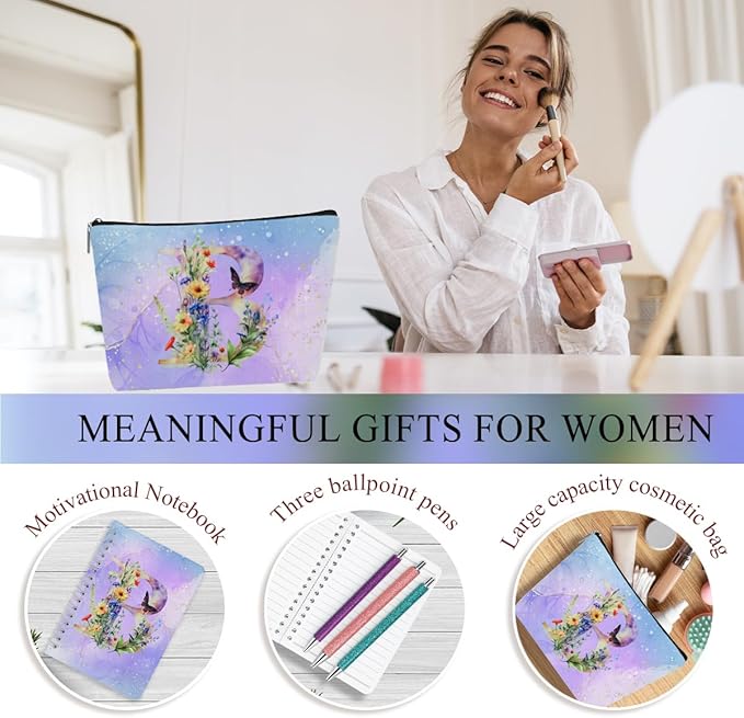 Personalized Gifts Monogrammed Birthday Gifts for Women, Cowerker Mom Boss Day Christmas Initial 20 oz Tumbler, Makeup Bag Cup Ballpoint Pens Journal Notebook 6 Set, (Aesthetic Purple Flower B)