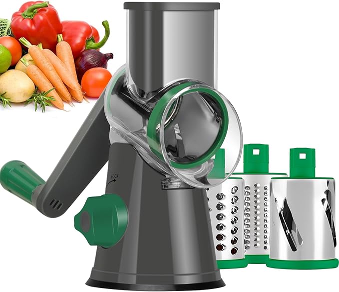 Ourokhome Rotary Cheese Grater Hand Crank, Kitchen Shredder Speed Mandolin Slicer Nuts Grinder with Handle and Drum Blades for Cheese, Vegetable, Walnuts, Chocolate, Potato, Carrot, 3 Blades, Gray