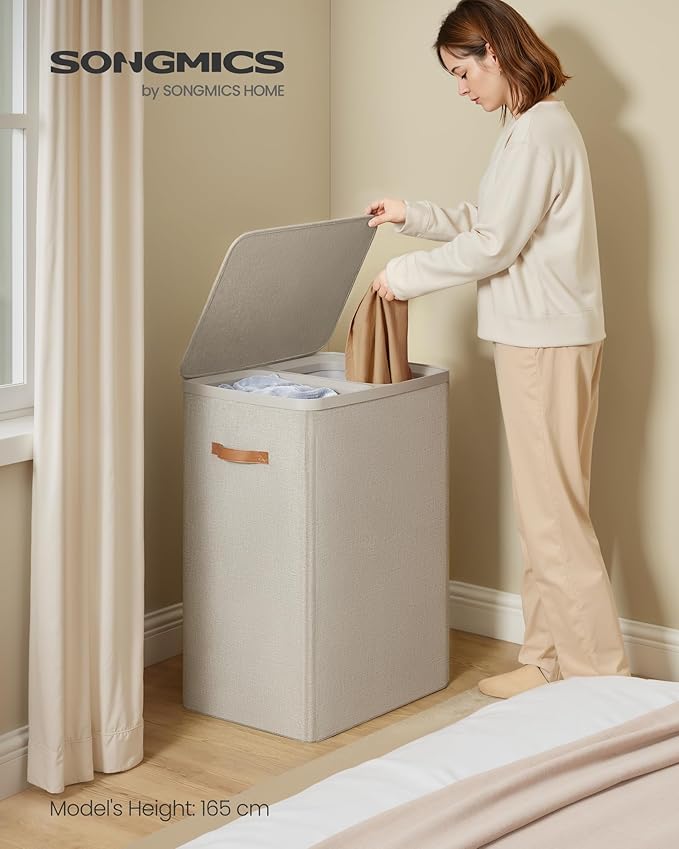 SONGMICS Laundry Basket, 44.9 Gal. Laundry Hamper, 2 Compartments, Easy Assembly, with Lid and Handles, Removable Liners, 22 x 15.7 x 29.5 Inches, Cappuccino Beige ULCB813L01