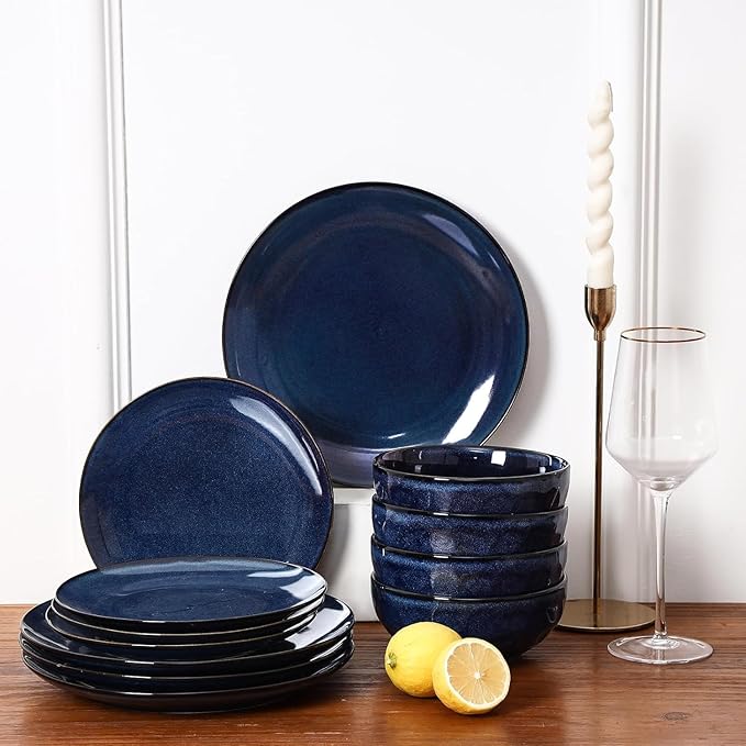Vicrays 12-Piece Ceramic Dinnerware Set, Dinner Plates, Salad Plates & Cereal Bowls, Dish Set for 4, Microwave, Oven & Dishwasher Safe, Scratch Resistant, Blue