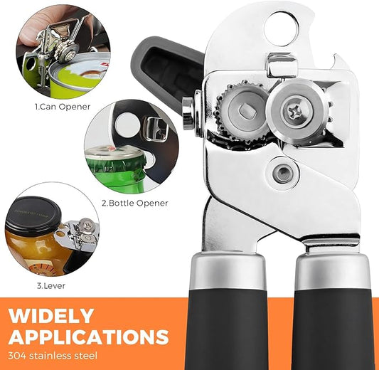 Can Opener Manual - Stainless Steel Heavy Duty Tin Opener Smooth Edge, Food-Safe Comfortable to Grip, Dishwasher Safe Anti Slip, Soft Ergonomic Handles Handheld Can Opener for Seniors Kitchen Camping