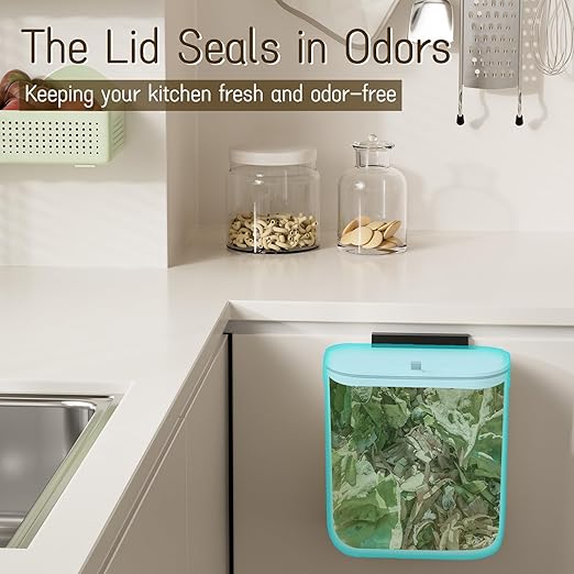 2.4 Gallon Kitchen Compost Bin Hanging Small Trash Can with Lid Under Sink Dual Installation & Triple-Seal Technology, Odorless Kitchen/Bathroom/Office Trash Can for Home, RV