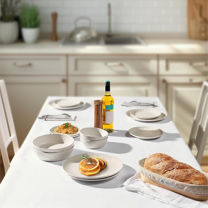 Navaris Linen Artisan Stoneware Dinnerware Set (18 Pieces) - White Dinnerware with Dinner Plates, Side Plates, and Pasta Bowls - Dishwasher and Microwave Safe