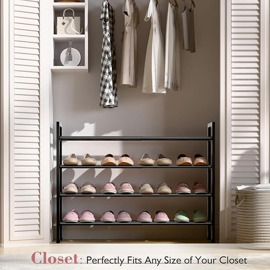 Bumusty 4-Tier Expandable Shoe Rack for Closet, 18“-33” Adjustable Shoe Rack for Small Space, Small Shoe Organizer for Front Door, Sturdy Metal, Dark Black