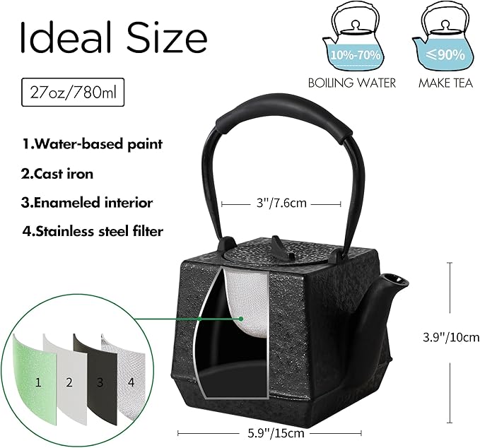 Cast iron Teapot, Tea Kettle for Stovetop Safe with Stainless Steel Infuser,Japanese Hand-made Square Tea Pot Coated with Enameled Interior for 27oz,780ml Black