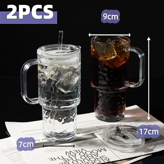 20 oz Glass Tumbler with Handle Set, 2 Pcs Clear Stanley Cup with Straw and Lid, Reusable Glass Cups for Coffee, Tea, Coffee, Juice, Yogurt, And Soda Water