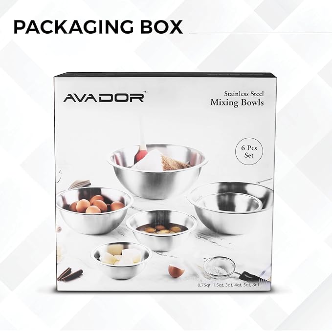 AVADOR Set of 6 Premium Stainless Steel Mixing Bowls Set, Easy To Clean, Space Saving Nestable Design, Great for Cooking, Baking, Prepping (0.75qt, 1.5qt, 3qt, 4qt, 5qt, 8qt)