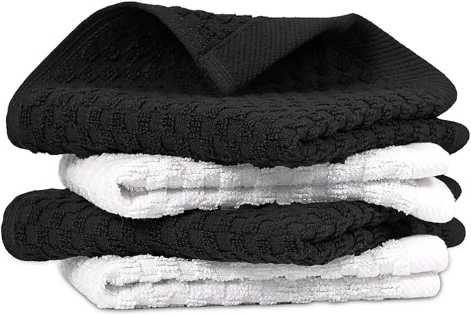 Infinitee Xclusives Premium Dish Cloth 100% Cotton 12 x 12 Inches |Pack of 4| - Ultra Soft Tea Towels - Highly Absorbent Kitchen Rags - Terry Dishcloth for Kitchen and Household Cleaning |Black|