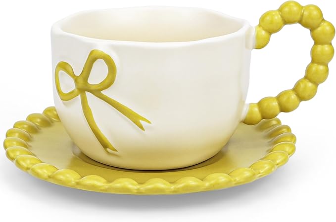 Bow Coffee Mug Yellow Coquette Coffee Mugs Set with Saucer 12 OZ Porcelain Tea Cup Bow Cute Mug for Women Girl