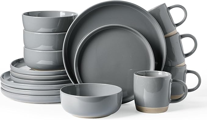 Famiware Milkyway Stoneware Dinnerware Sets with Mugs, Service for 4 (16pcs), Plates and Bowls Sets, Scratch Resistant, Microwave and Dishwasher Safe Dishes Set, Dark Gray