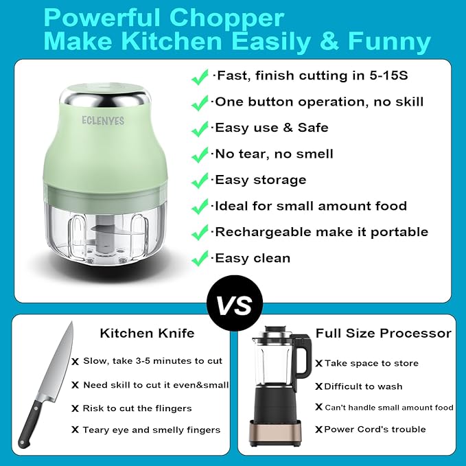Vegetable Chopper, 100ML Electric Garlic Chopper, Rechargeable Mini Blender, Powerful Small Food Processor, Blender to Vegetable, Wireless Food Cutter for Ginger, Chili, Fruit, Meat, etc(Green)