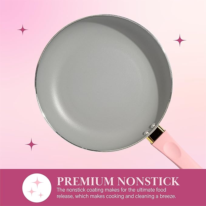 Paris Hilton Epic Nonstick Pots and Pans Set, Multi-layer Nonstick Coating, Tempered Glass Lids, Soft Touch, Stay Cool Handles, Made without PFOA, Dishwasher Safe Cookware Set, 12-Piece, Pink