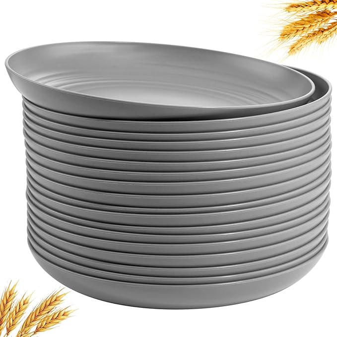 supernal 16pcs Dark Grey Wheat Straw Plates, Deep Dinner Plastic Plates, Reusable Plate, 10 inch Unbreakable Plate Set for Picninc, Camping, Lightweight Microwave Dishwasher Safe