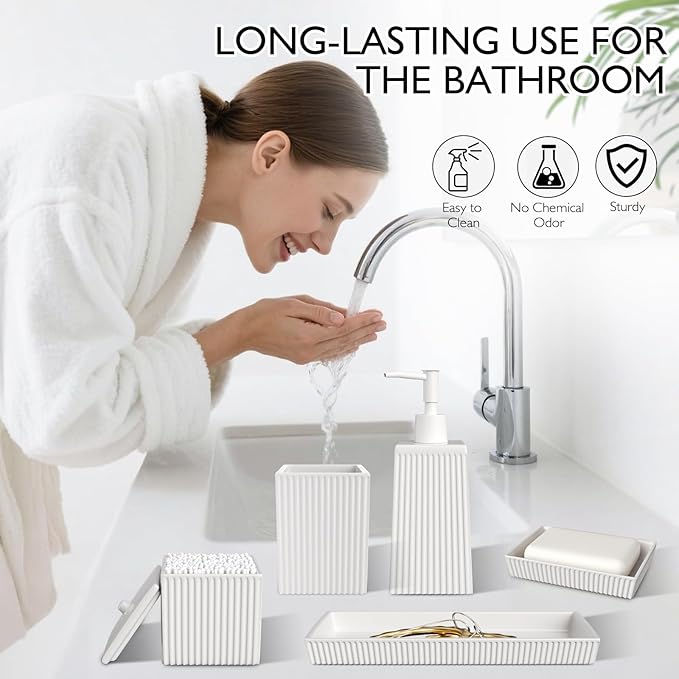 Bathroom Set - White Bathroom Accessories Set, 5PCS Ceramic Bathroom Accessory Set, Bathroom Sets with Soap Dispenser, Toothbrush Tumbler, Soap Dish, Q-tip Holder & Vanity Tray