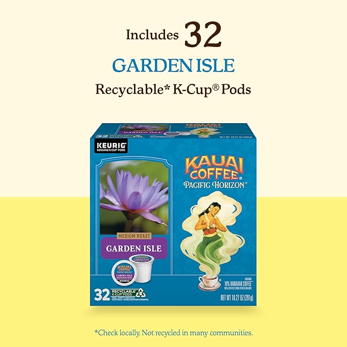Kauai Coffee K-Cup Pods for Keurig Brewers – Arabica Coffee, 10% Hawaiian – Medium Roast, Bright Aroma With Light Floral Notes – Garden Isle, 1 Pack of 32 Single Serve K-Cups