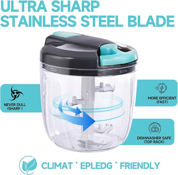 Manual Food Processor Vegetable Chopper, Portable Hand Pull String Garlic Mincer Onion Cutter for Veggies, Ginger, Fruits, Nuts, Herbs, etc., (900ml,Gray-blue)