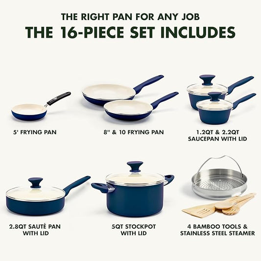 GreenPan Rio 16 Piece Cookware Set, PFOA and PFAS-Free, Healthy Ceramic Nonstick, Dishwasher Safe Easy Clean Durable Performance, Blue