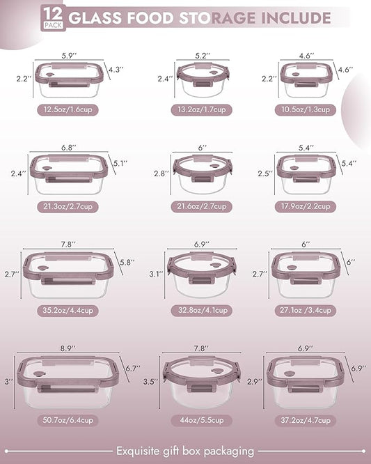 12-Pack Glass Containers with Tempered Lids – Borosilicate, Oven-Safe, Airtight, BPA-Free, Multi-Size for Meal Prep, Dishwasher Safe (Pink)