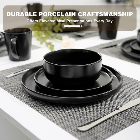 EWFEN 16-Piece Ceramic Dinnerware Sets with Mugs for 4, Black Plates and Bowls Set with Classic Design, Scratch Resistant Dishes Set, Dishwasher & Microwave Safe
