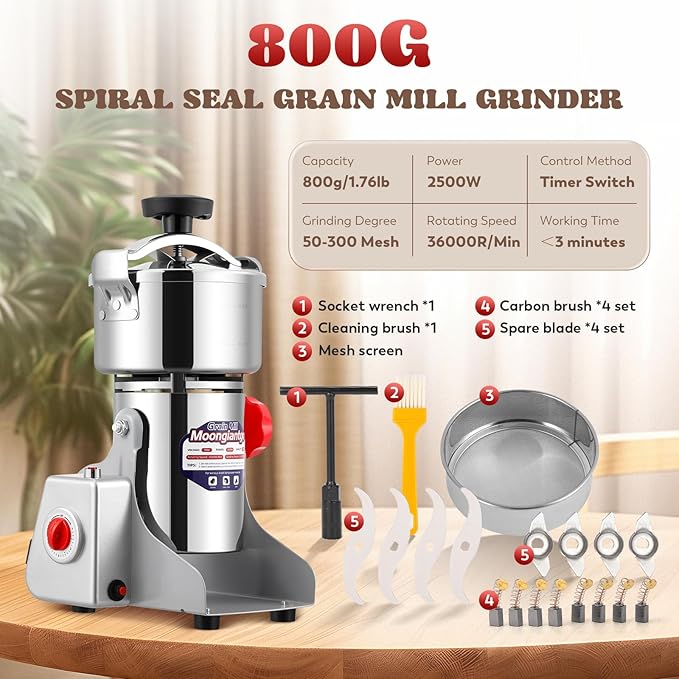Moongiantgo Upgraded Spiral Seal Grain Mill Grinder Electric 800g 2500W High Speed Spice Grinder Pulverizer Dry Grinding Machine for Dry Cereal Bean Corn Wheat Herbs, with 4 Set Blades (800g, 110V)