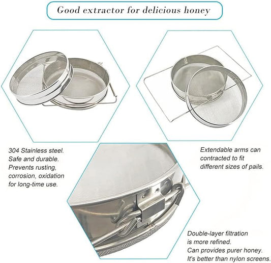 Honey Strainer for 5 Gallon Bucket Stainless Steel Double Sieve Honey Filter Strainer for Clean Honey with Up to 16.5 inches Extendable Arms