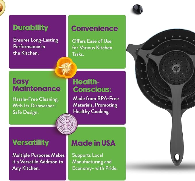 Crisp 3 Piece Nesting Strainer Set - Plastic, Durable Kitchenware, Dishwasher Safe - Made in the USA - Black