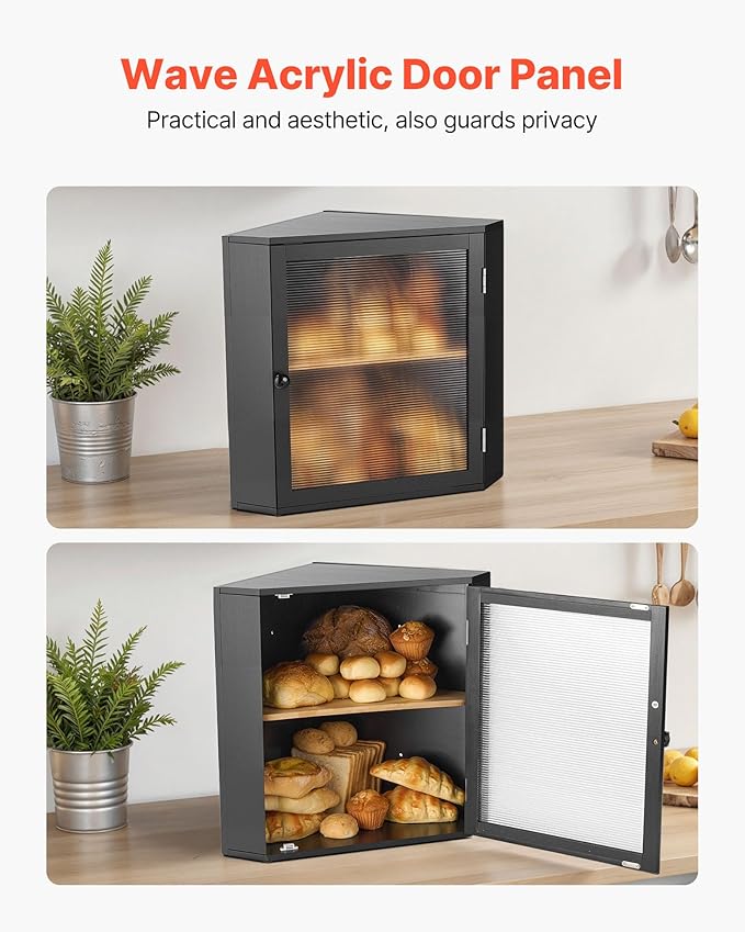 VEVOR Corner Bread Box for Kitchen Counter, Double Layer Large Capacity Bamboo Bread Storage Container, Farmhouse Wooden Breadbox for Homemade Bread, Storage Holder Bin with Acrylic Wavy Door, Black