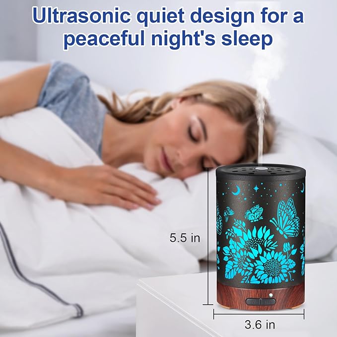 Essential Oil Diffuser- Aromatherapy Diffuser with7 Colors Light and Auto-Off for Women Metal Cool Mist Humidifier for Home and Office for Mom Women(Sunflower + Butterfly)