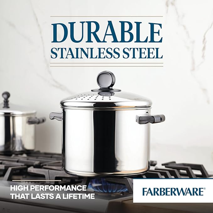 Farberware Classic Series Stainless Steel 8-Quart Covered Straining Stockpot with Lid, Stainless Steel Pot with Lid, Silver