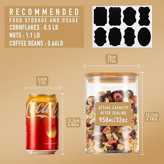 32oz Straight Cylindrical Airtight Storage Containers with Bamboo Lids Set of 6, Round Stackable Canisters, Food Jars, Pantry Organizers for Sugar, Cookies and Coffee beans (with Black Lable)