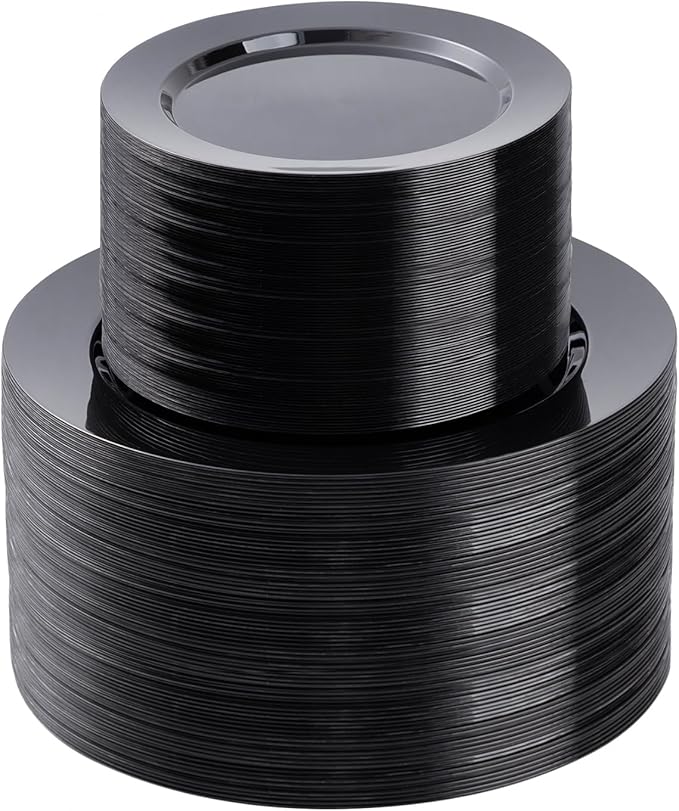 BESTSTAR 200PCS Black Plastic Plates Set, 100 10.25 inch Dinner Plates and 100 7.5 inch Dessert Plates, Premium Disposable Plates for Party, Wedding,Halloween