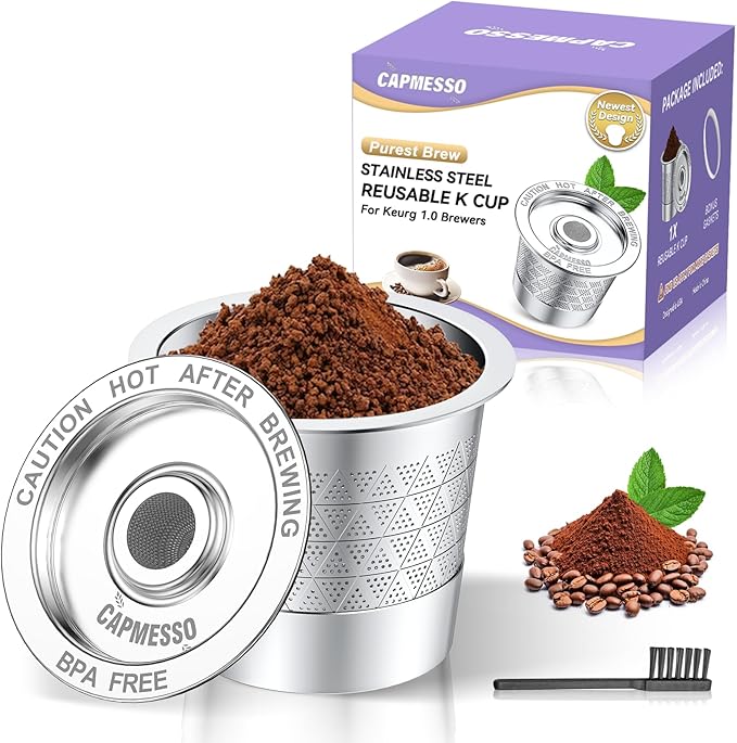 CAPMESSO Reusable K Cups for Keurig 1.0: Stainless Steel Reusable Coffee Pods - Dual-Mesh Refillable Coffee Filter for Richer Coffee NO Grit - for Keurig Coffee Maker K-Express K-Elite K-Mini (1 Pack)