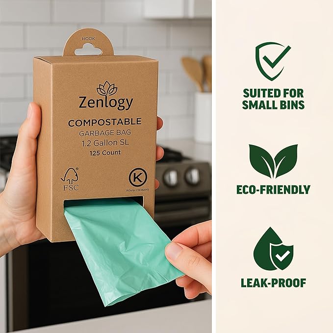 Zenlogy Compostable 1.2 Gallon Garbage Bag, Eco Friendly Small Trash Bags, Mini Biodegradable Waste Basket Bin Liners for Bathroom & Office, 125 Count