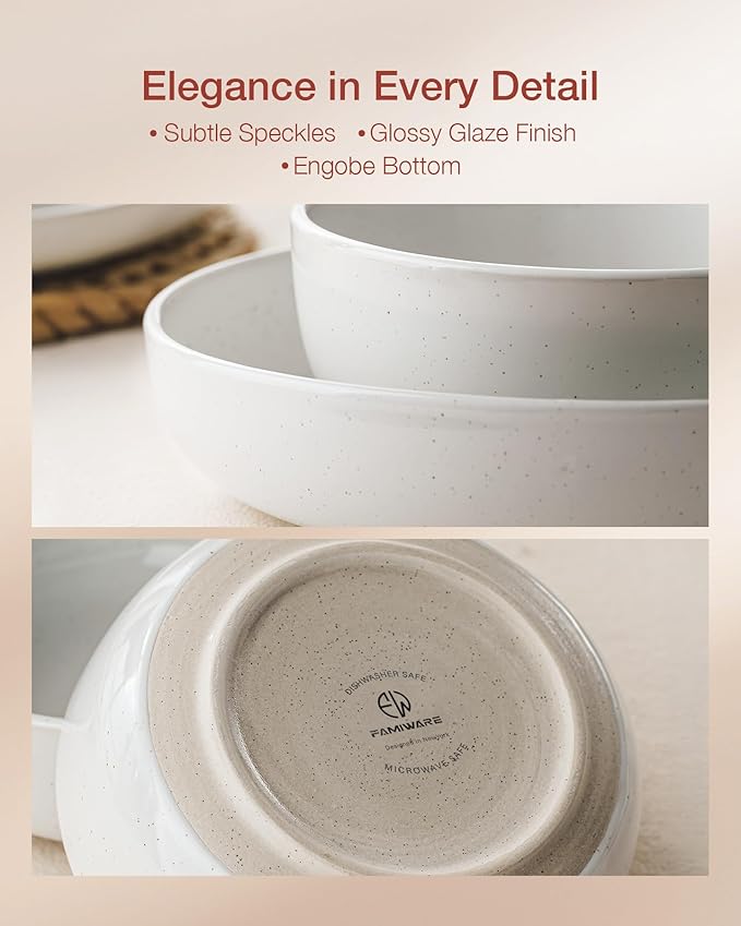 Famiware Milkyway Stoneware Dinnerware Sets with Pasta Bowls, Service for 6 (24 Pieces), Plates and Bowls Sets -Scratch Resistant, Microwave and Dishwasher Safe Dishes Set, White