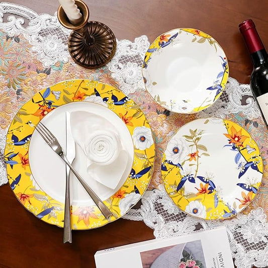 Exquisite ceramic tableware 3 Piece Bone China Modern Round Dishes Sets,Dinnerware dishset for Kitchen,Dinner Plate,Dessert Plate,Soup Bowl,Yellow flowers