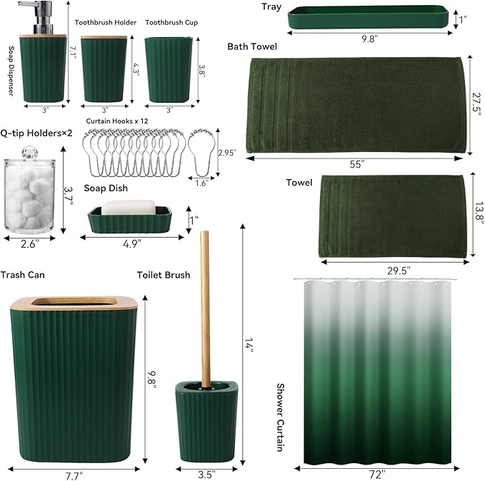 Dark Green Bathroom Set - Green Bathroom Accessories Set, 24PCS Bathroom Accessory Set with Shower Curtain, Bath Towels, Trash Can, Soap Dispenser, Green Bathroom Accessories for Home