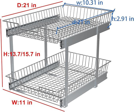 2 Tier Individual Pull Out Cabinet Organizer 11"W x 21" D, Pull Out Shelves Slide Out Kitchen Storage Sliding Shelvesfor Organization in Kitchen, Chrome